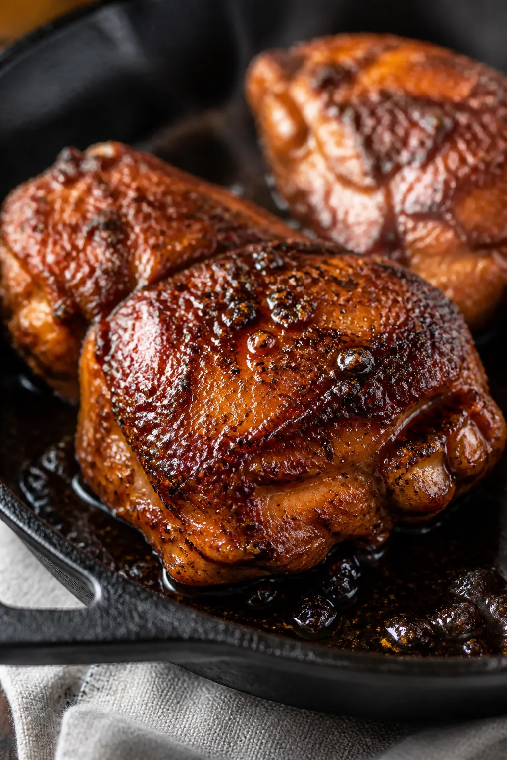 Close-up detail: Juicy BBQ chicken thigh on a hot cast-iron skillet right after searing, deep mahoga