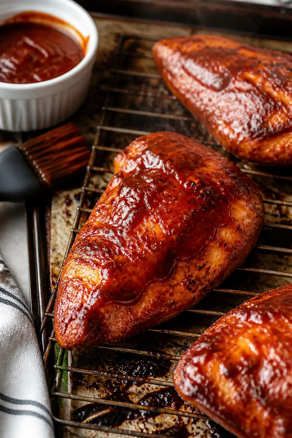 Close-up detail: Juicy BBQ-glazed chicken breast just out of the oven on a wire rack over a lined sh