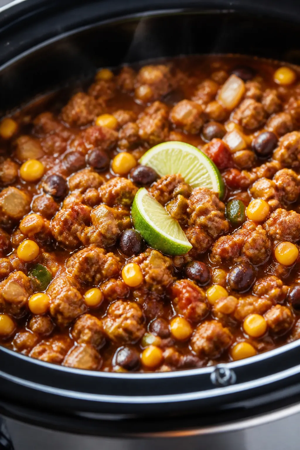 Close-up detail: Juicy, browned ground turkey taco mixture simmering in a slow cooker, showing tende