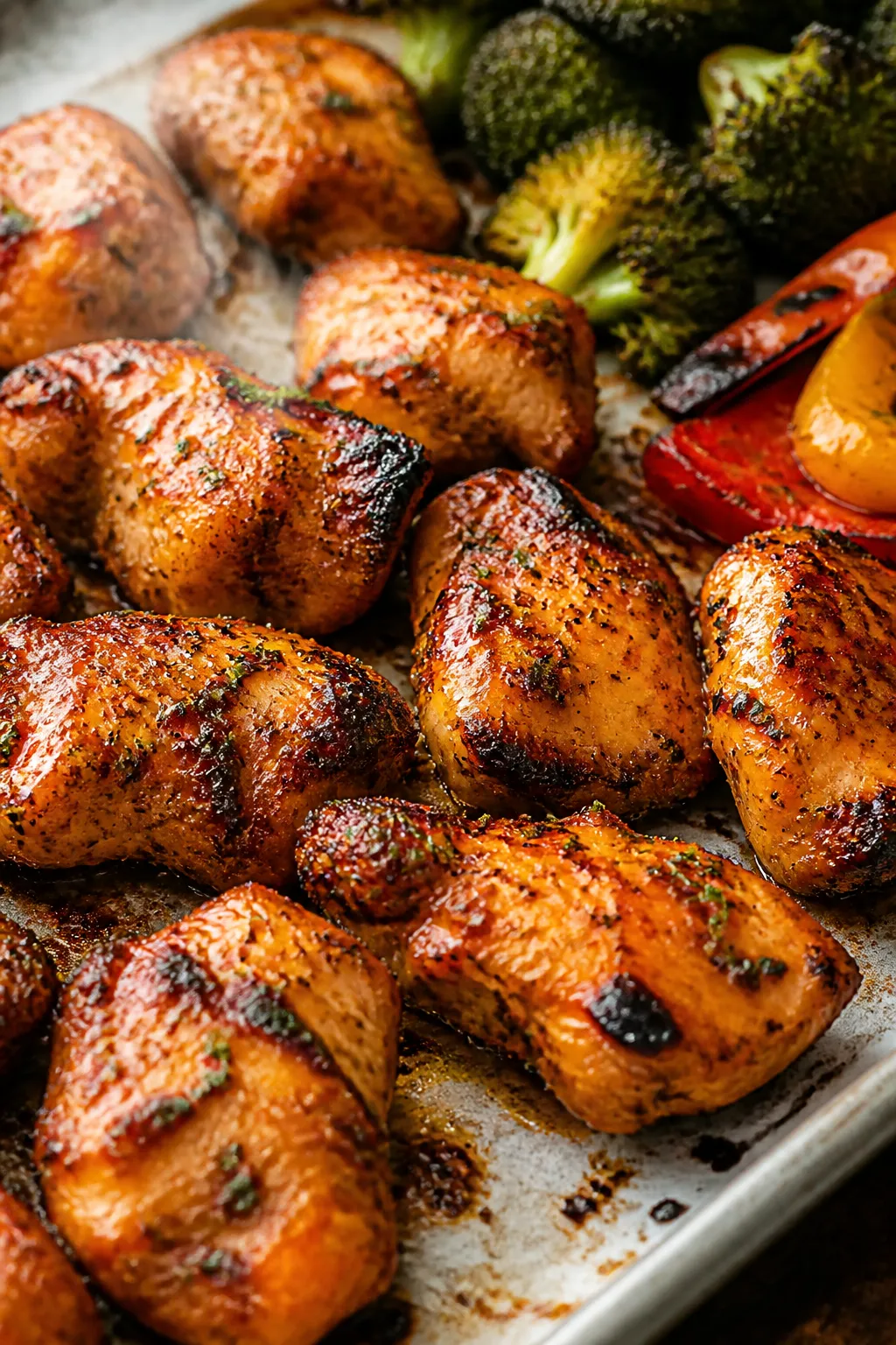Close-up detail: Juicy buffalo ranch chicken pieces just out of the oven on a parchment-lined sheet