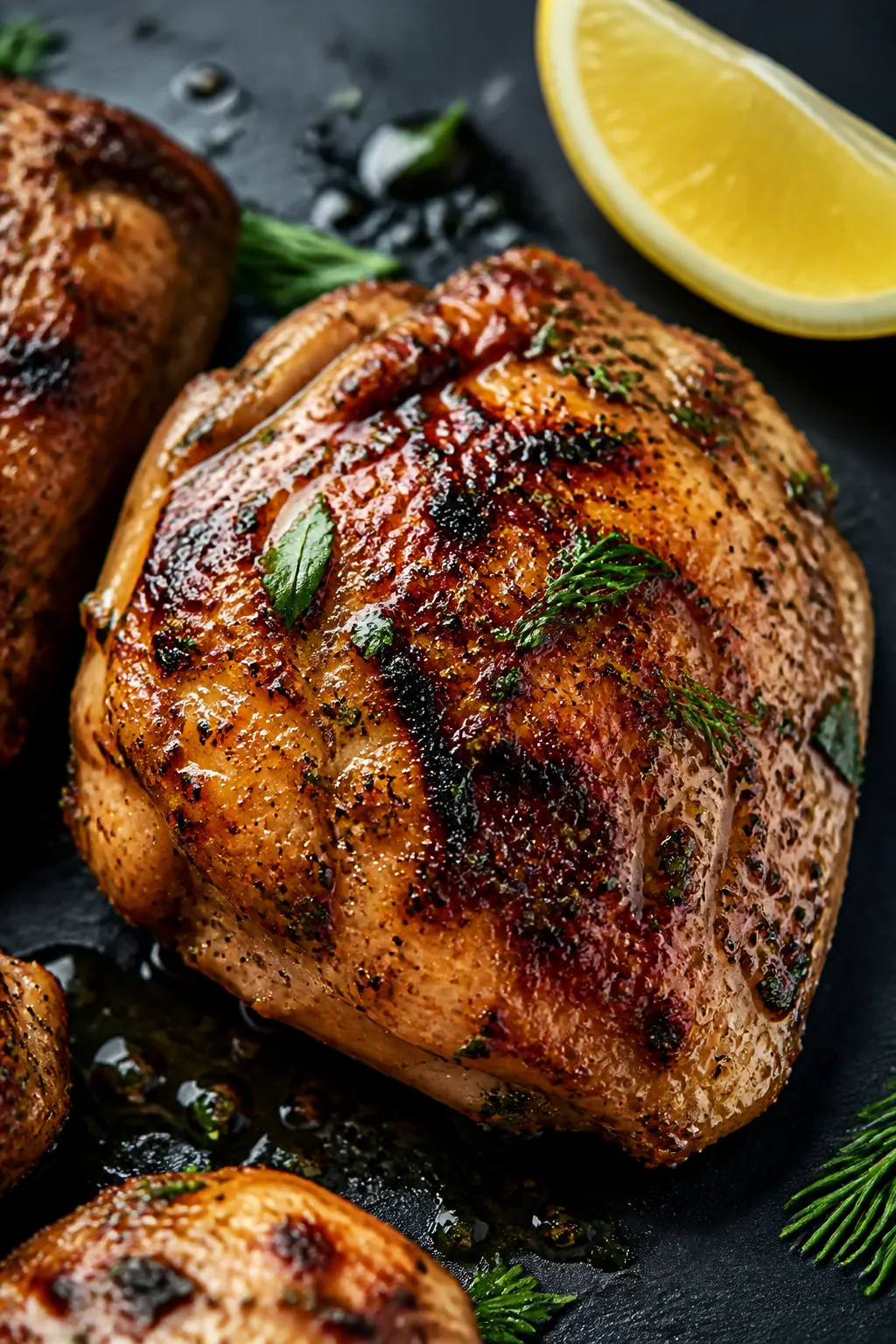 Close-up detail: Juicy grilled Greek chicken thighs fresh off the grates, deep golden char with cara
