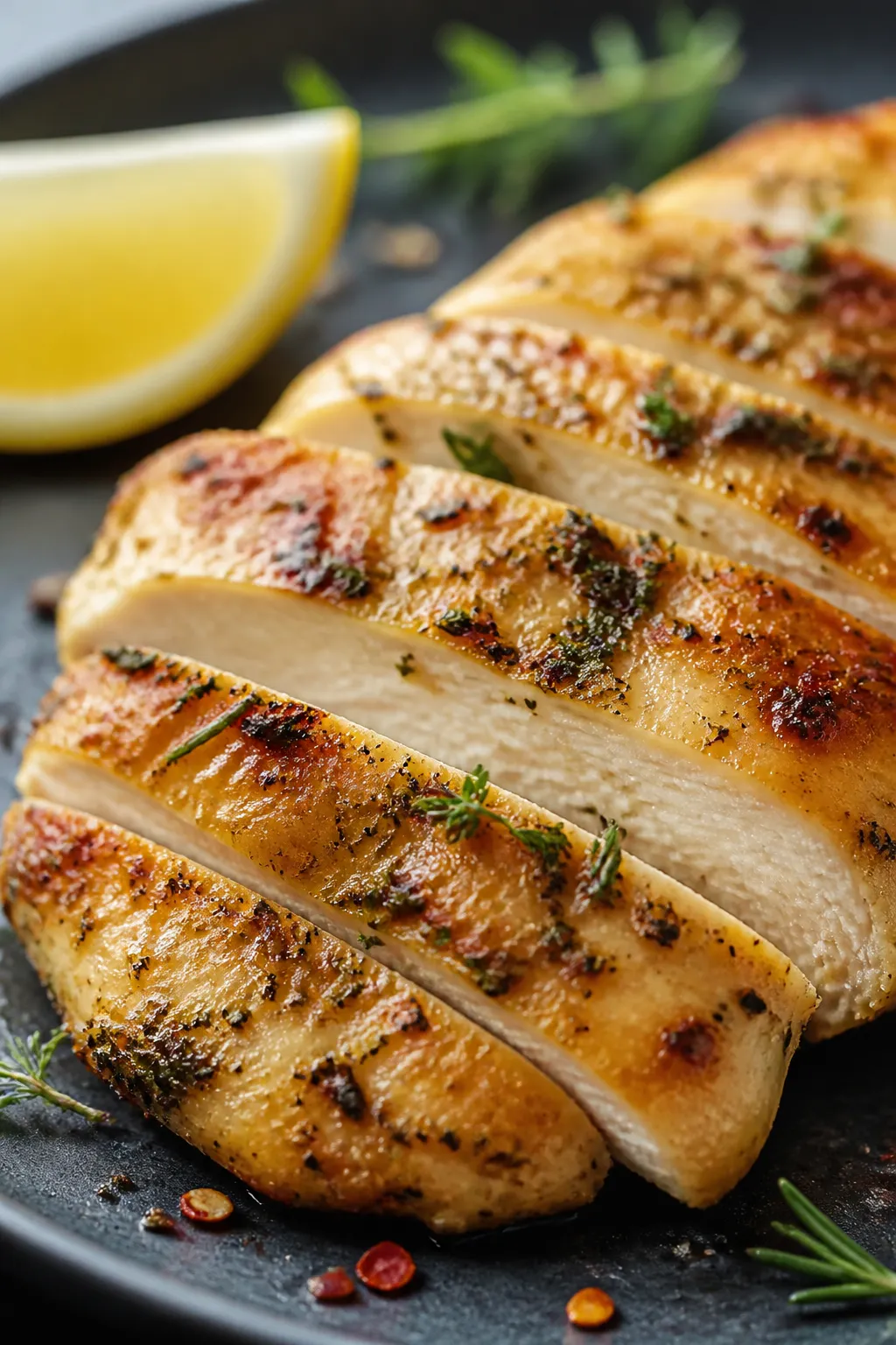 Close-up detail: Juicy lemon herb chicken just off the skillet, golden seared exterior with visible 
