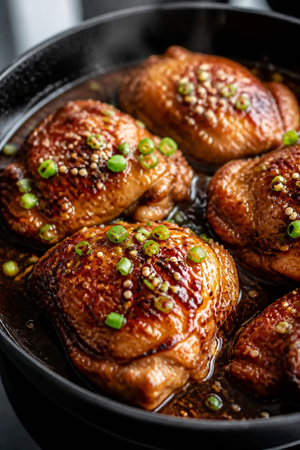 Close-up detail: Juicy, pan-seared teriyaki chicken thighs resting in a skillet as the glossy sauce 