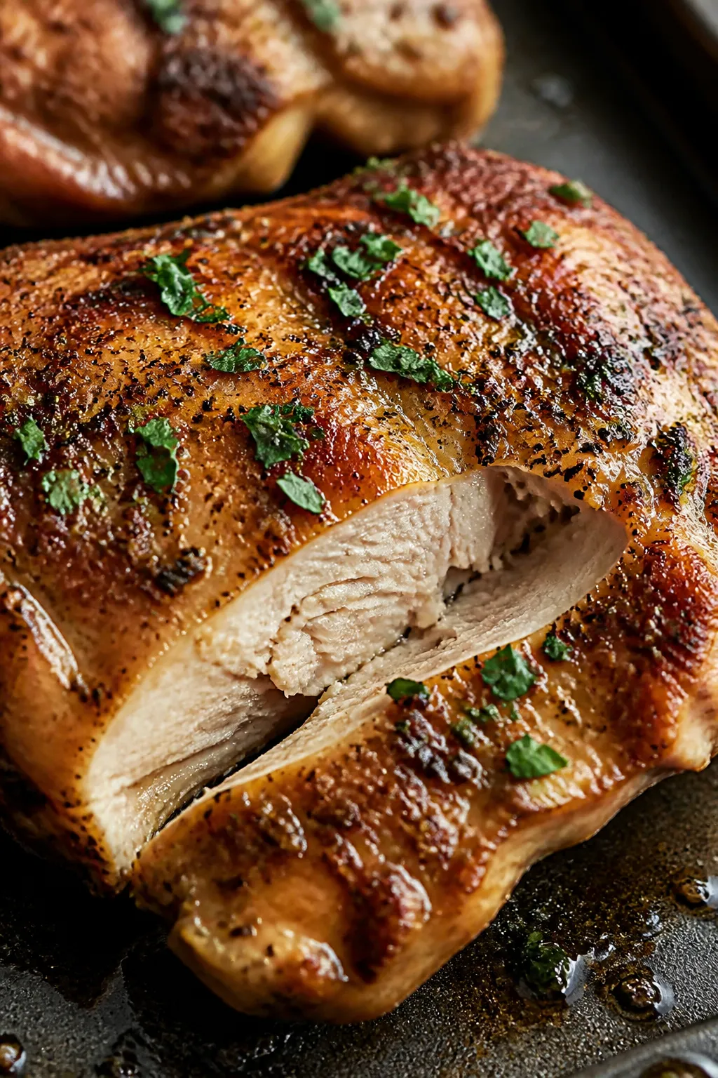 Close-up detail: Juicy ranch-seasoned chicken thigh just out of the oven, edges lightly crisped and 