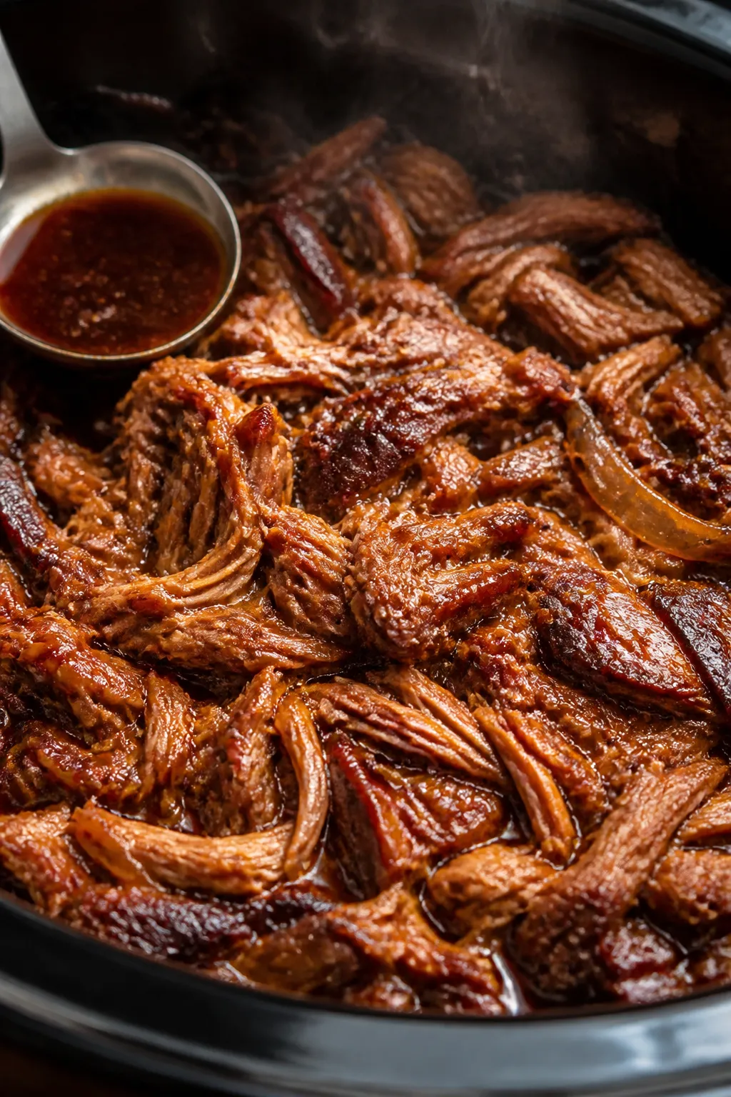 Close-up detail: Juicy shredded BBQ pulled pork just after shredding, glistening with a mix of cooki