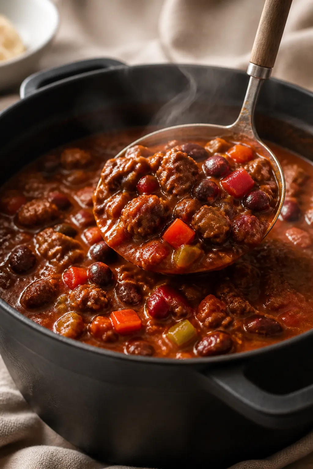 Close-up detail: Ladle lifting a hearty scoop of slow cooker beef chili from the pot, showcasing glo