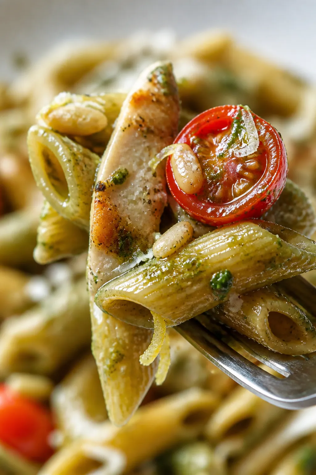Close-up detail: Macro close-up of a fork twirl of whole-wheat penne coated in glossy pesto, showing