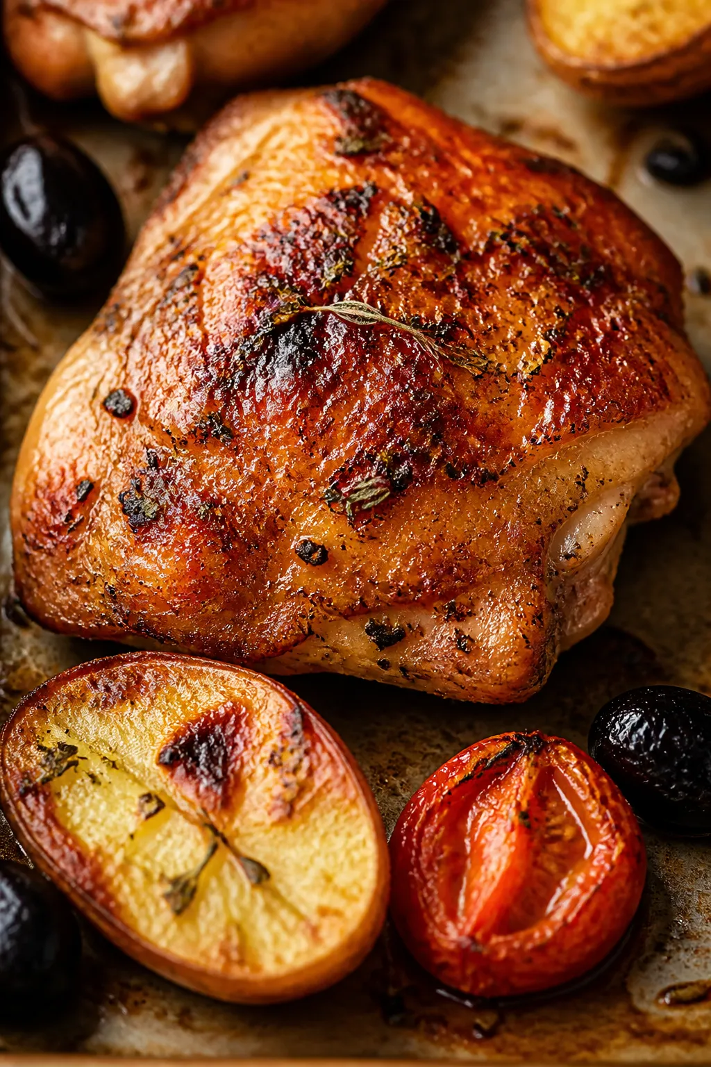 Close-up detail of a single chicken thigh on the pan post-broil: ultra-crispy, rendered skin with pa