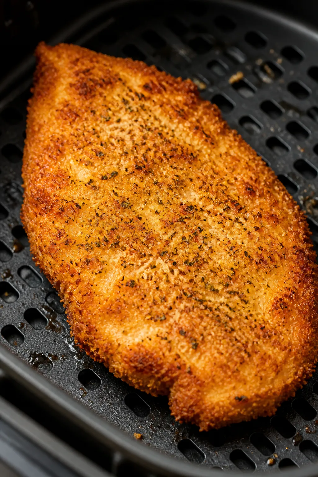 Close-up detail of air-fried Parmesan-crusted chicken cutlet just out of the air fryer basket at 380