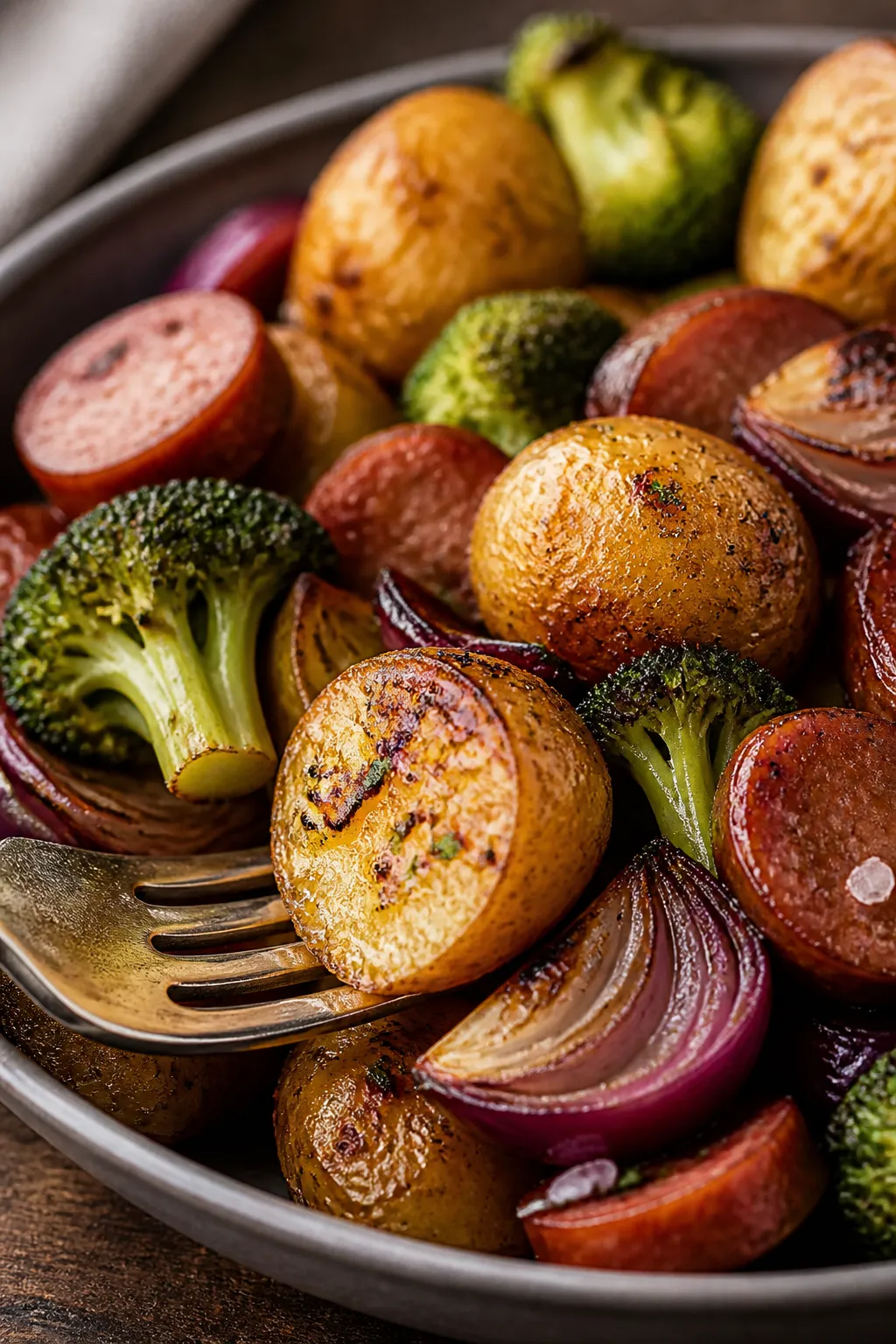 Close-up detail of crispy-edged baby potatoes and chicken sausage coins nestled with charred-tipped