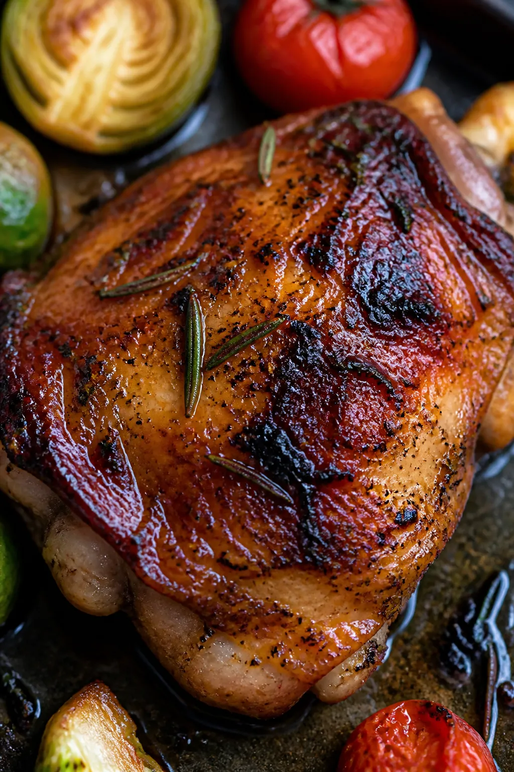 Close-up detail of finished chicken thigh: Ultra close-up of a roasted balsamic chicken thigh just o