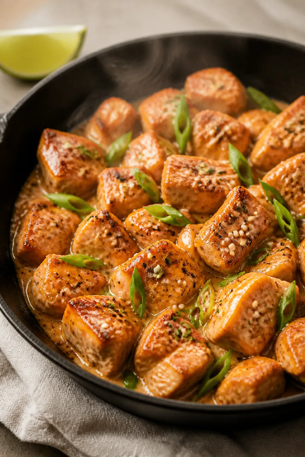 Close-up detail of glossy bang bang chicken just out of the skillet: seared 1-inch chicken pieces wi