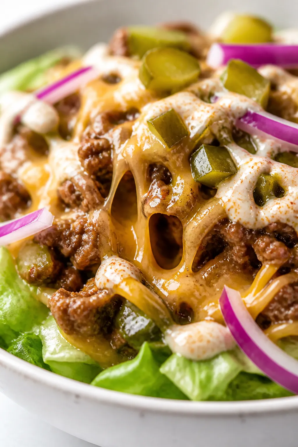 Close-up detail of melty moment: Warm, seasoned beef spooned onto crisp chopped romaine in a bowl, w