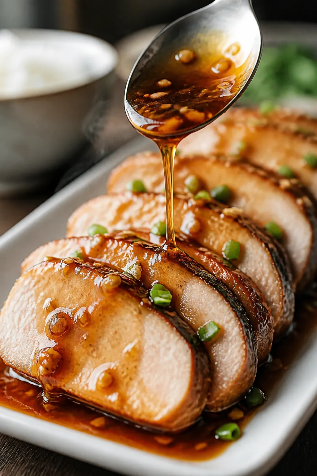 Close-up detail of sliced crockpot honey garlic pork loin being sauced: thick, glossy honey-soy-garl