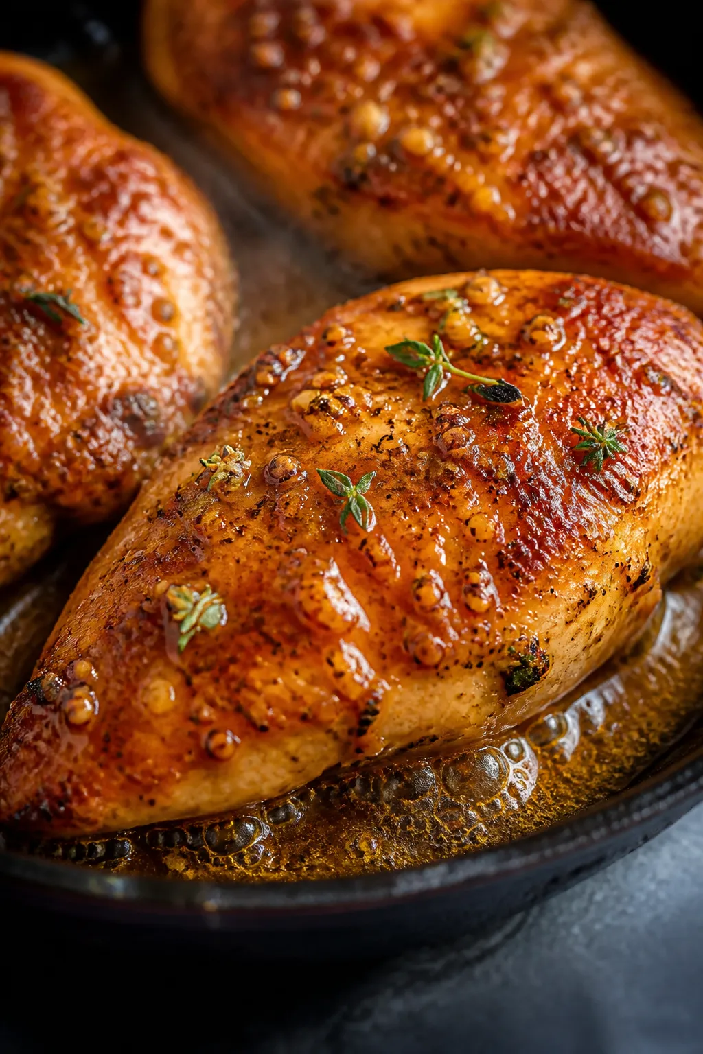 Close-up detail: Pan-seared honey mustard chicken breasts in a cast-iron skillet, golden caramelized