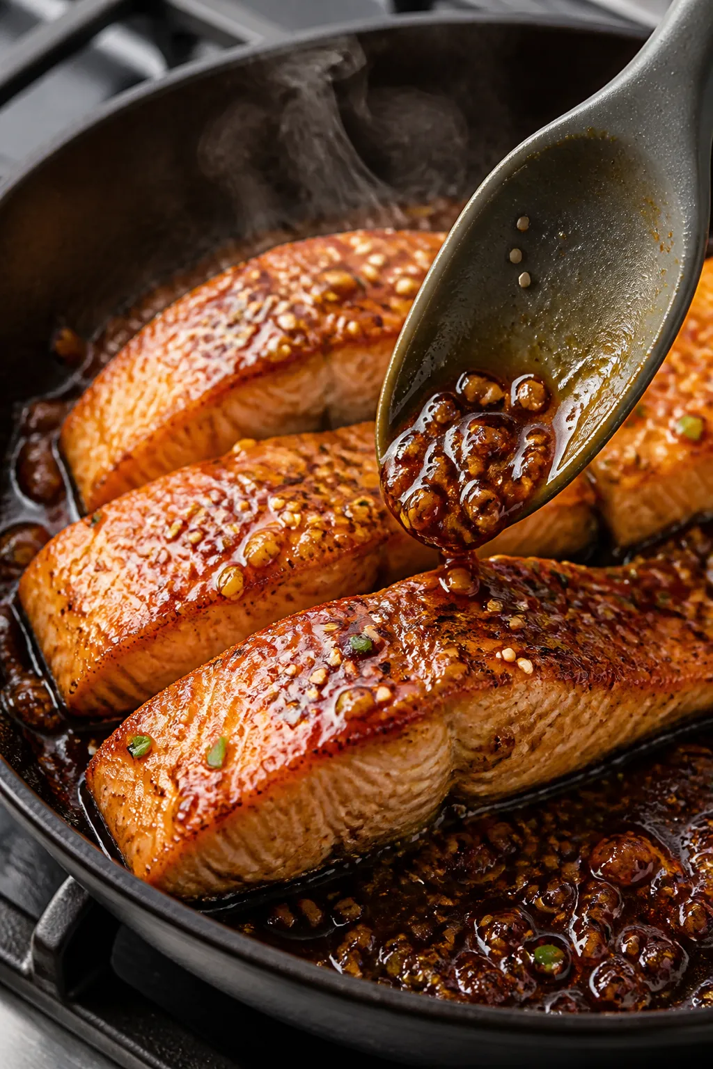 Close-up detail: Pan-seared teriyaki salmon in a skillet just after glazing, showing caramelized, gl