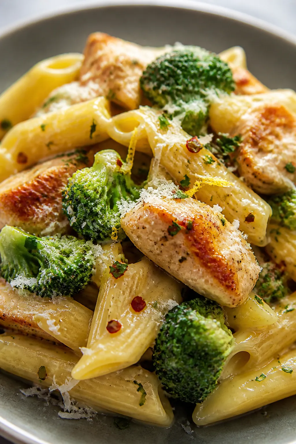 Close-up detail, plated finish: Tight macro of a single plated portion of penne showing glossy sauce