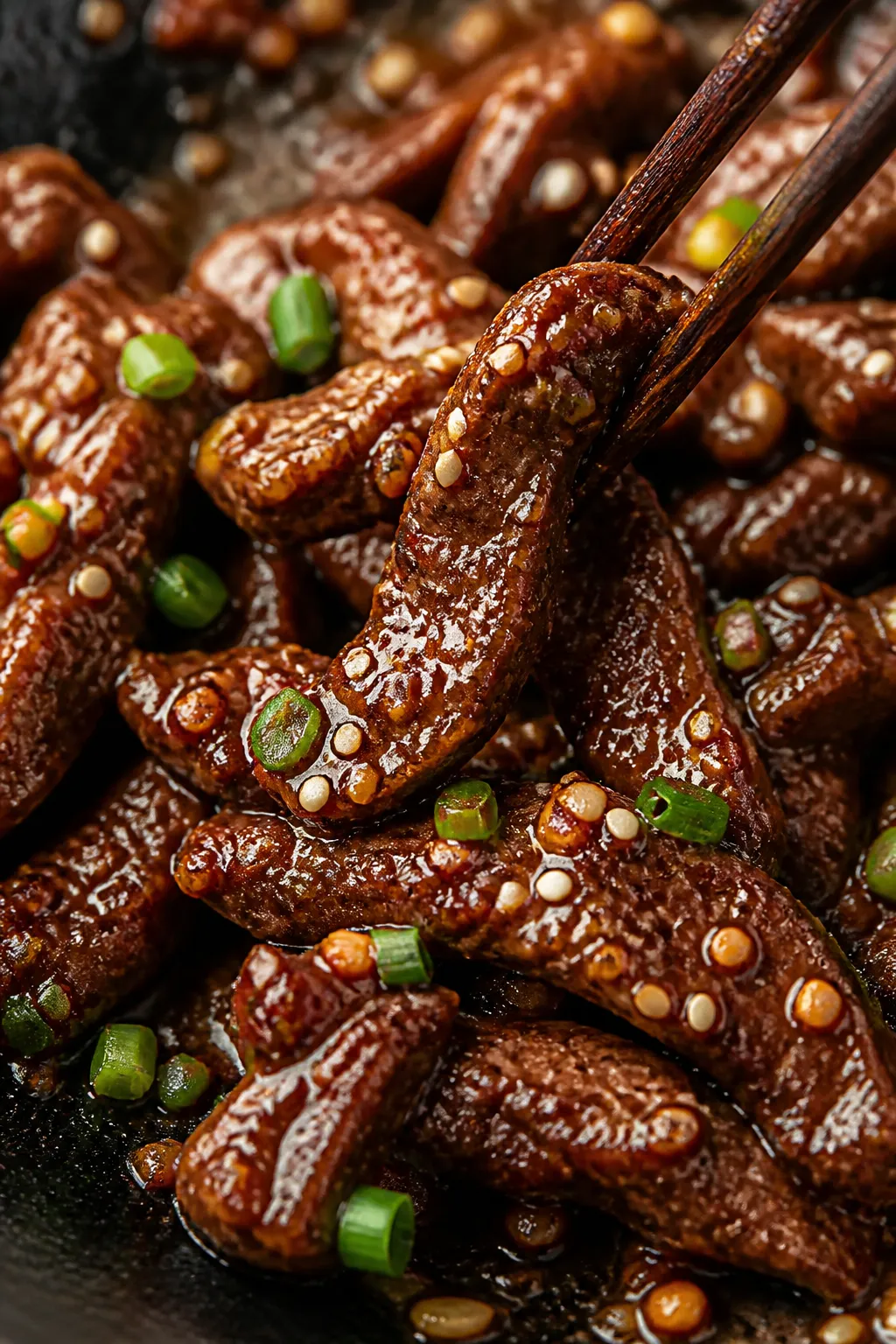 Close-up detail — Sauce gloss and texture: Extreme close-up of tender beef strips being tossed in