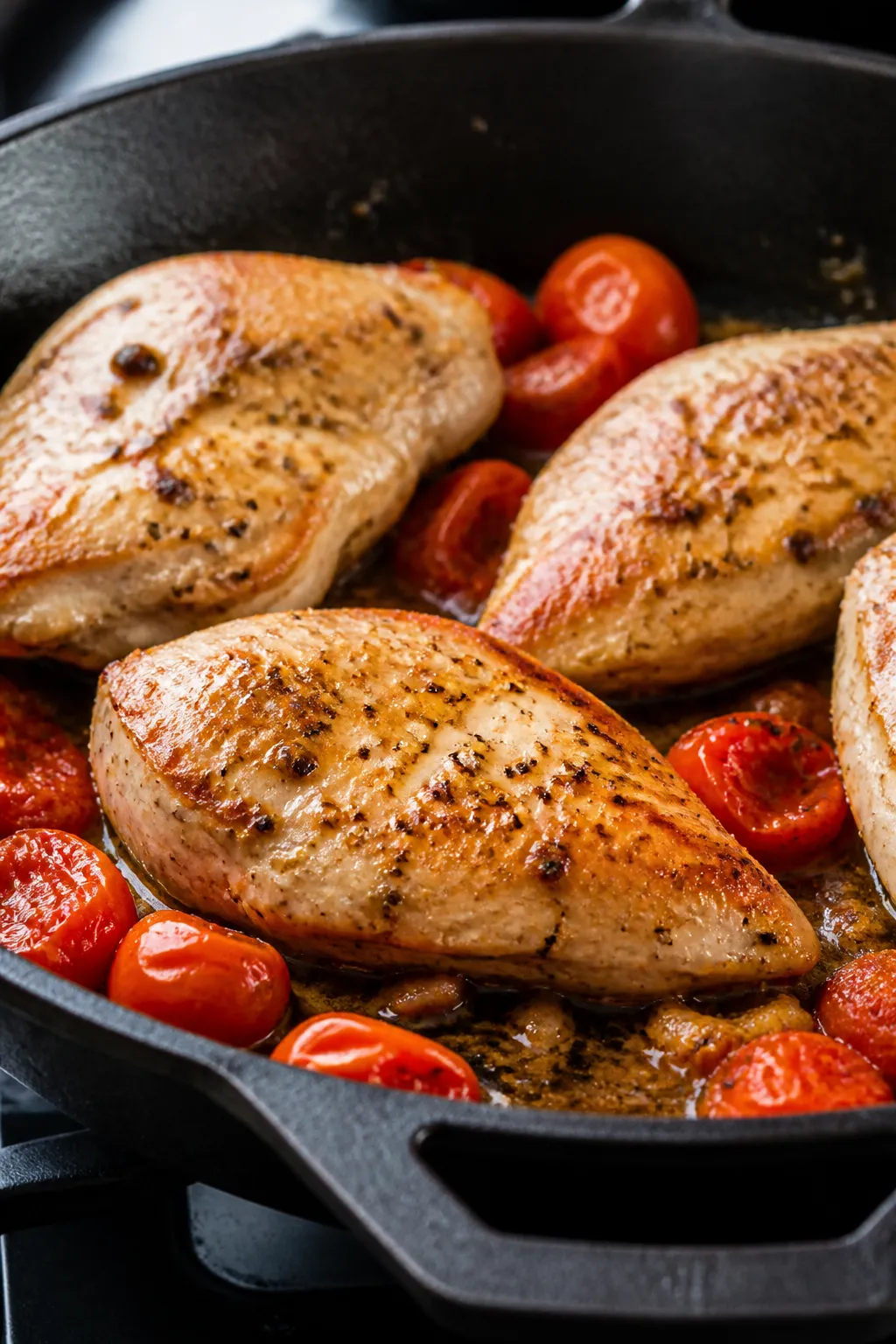 Close-up detail: Seared chicken breast pieces just cooked through, lightly browned edges glistening