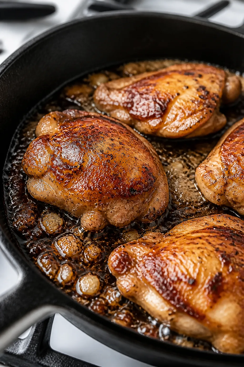 Close-up detail: Searing boneless, skinless chicken thighs in a dark cast-iron skillet, golden-brown