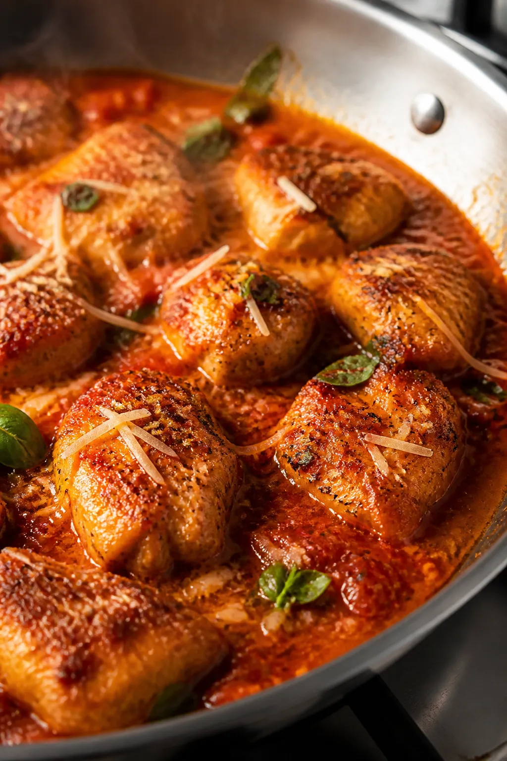 Close-up detail: Searing chicken Parmesan bites in a stainless-steel skillet, golden-brown crust on