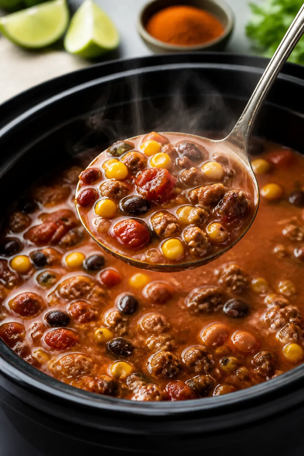 Close-up detail shot: A steaming ladle lifting hearty slow cooker taco soup from a matte black pot,