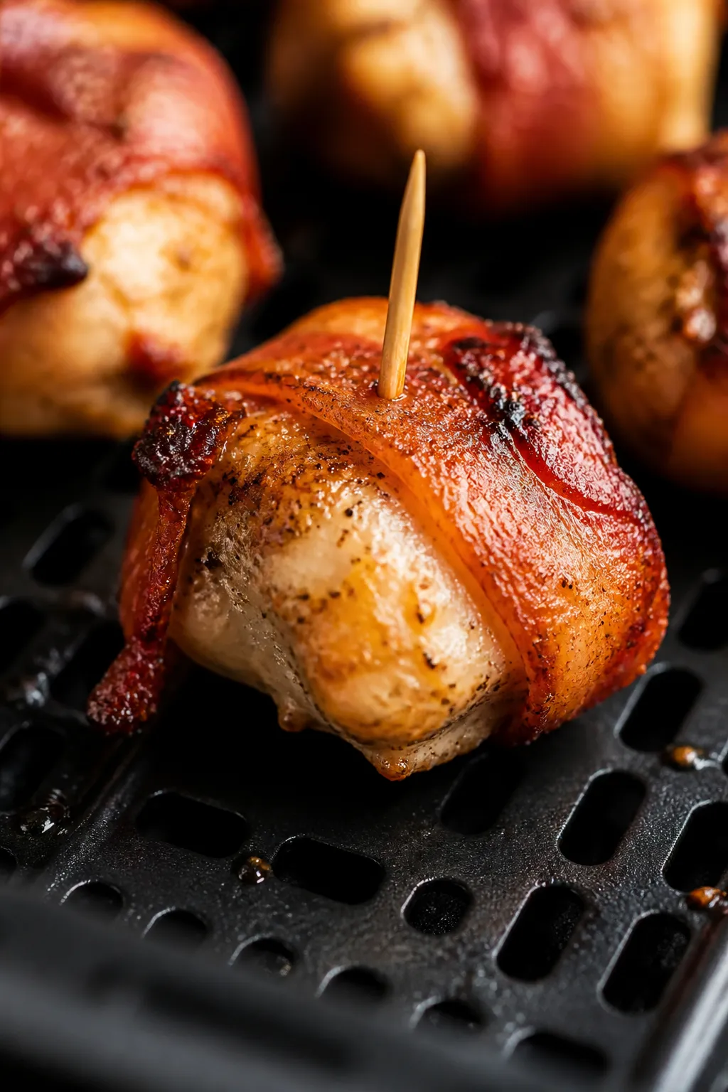 Close-up detail shot: Crispy air-fried chicken bacon ranch bite just out of the basket, bacon edges
