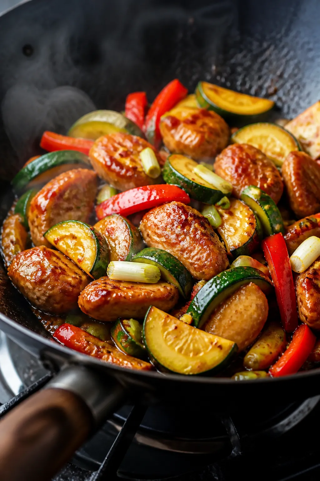 Close-up detail shot: Glazed chicken and crisp-tender zucchini half-moons sizzling in a wok, sauce v