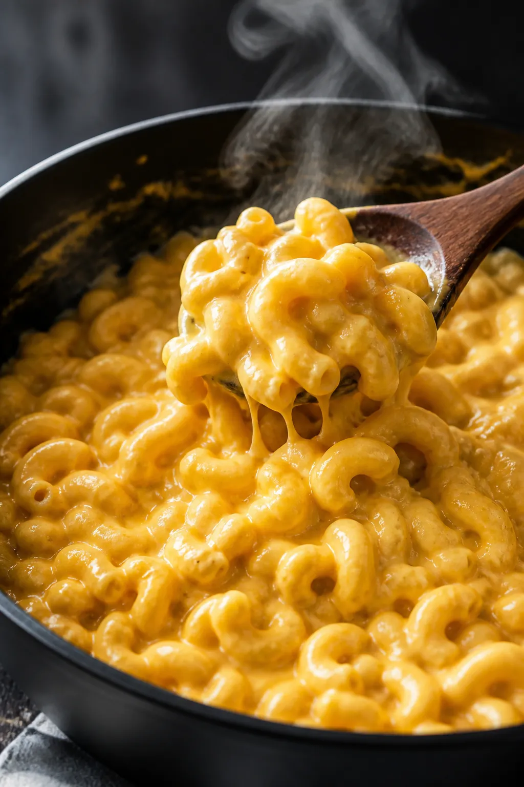 Close-up detail shot of creamy high-protein mac and cheese being folded together in a deep skillet: 