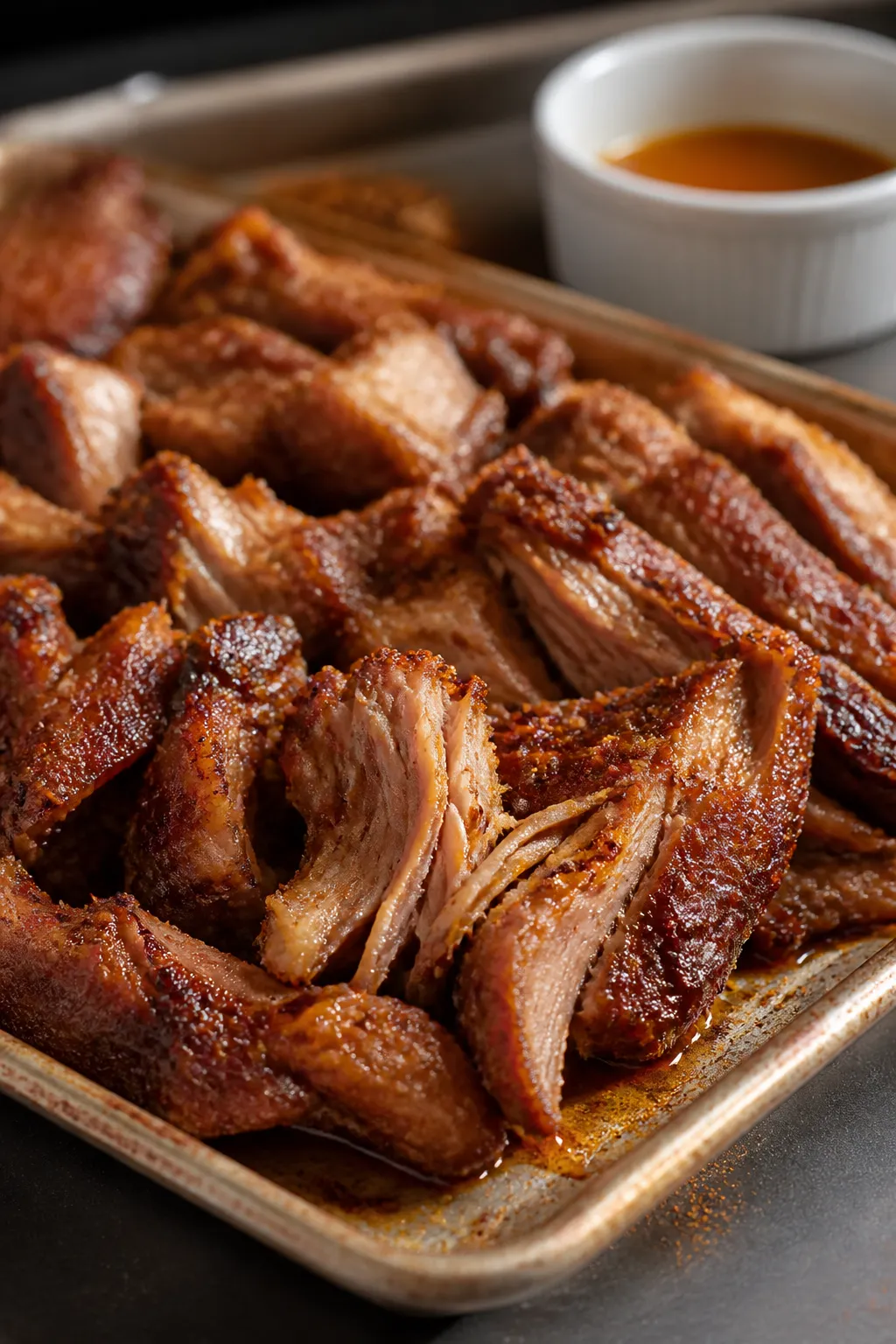 Close-up detail shot of crispy broiled pork carnitas just out of the oven: caramelized, browned edge