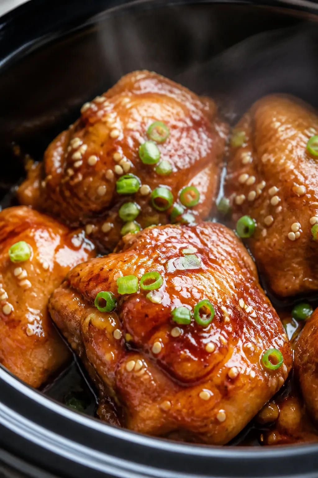 Close-up detail shot of glazed honey garlic chicken thighs just after tossing in the thickened sauce