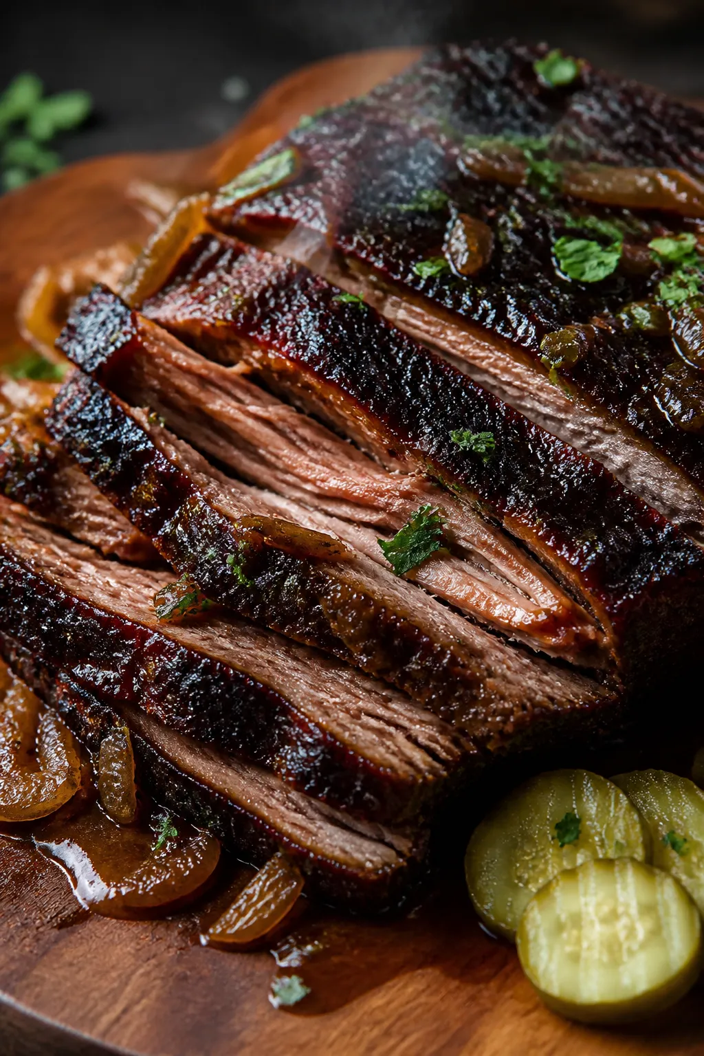 Close-up detail shot of slow-cooked BBQ beef brisket just sliced against the grain on a wooden cutti