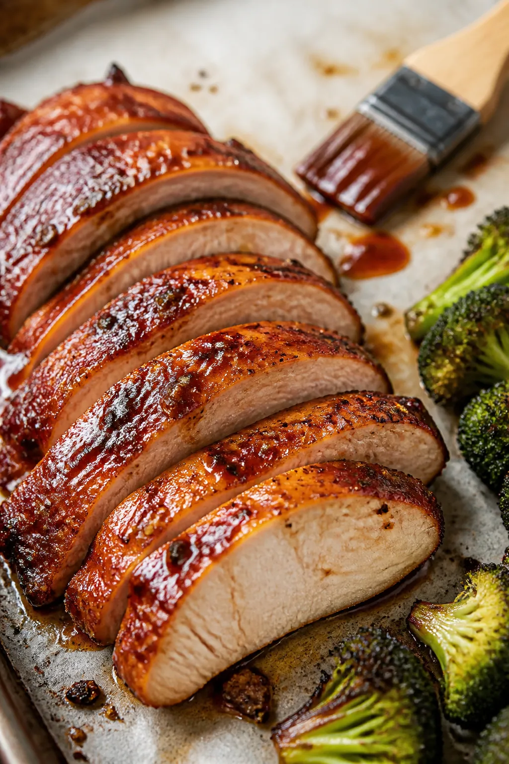Close-up detail shot: Sliced BBQ-glazed chicken breast fresh from the oven, glossy sauce lacquer wit