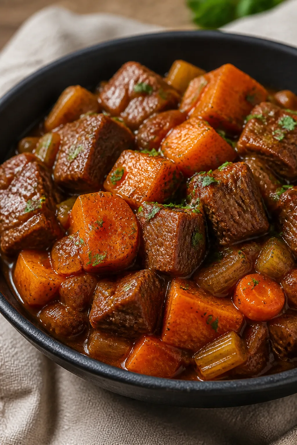 Close-up detail shot: Tender cubes of slow-cooked lean beef nestled among caramelized 1-inch sweet p