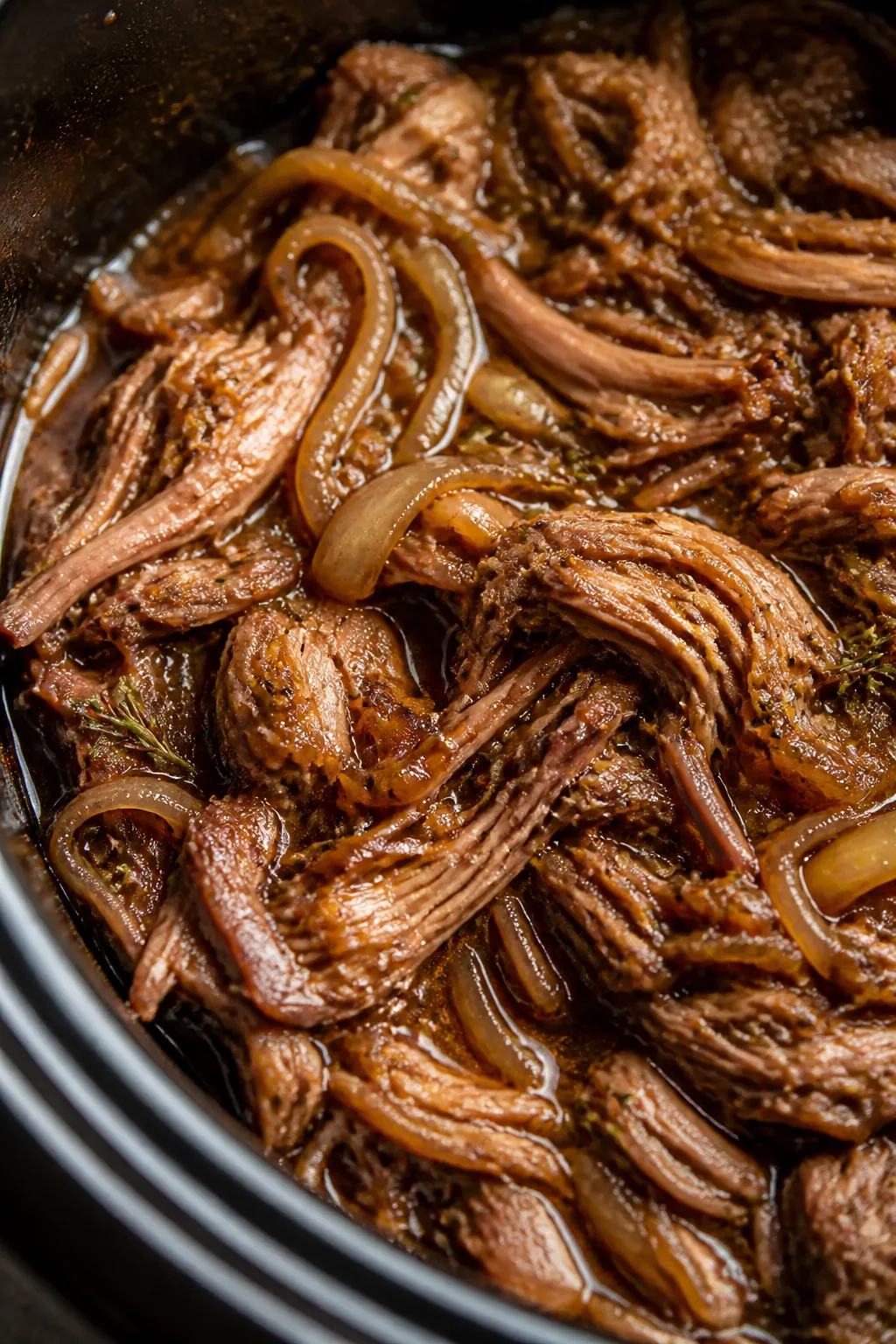 Close-up detail: Shredded garlic-balsamic pork shoulder just after cooking, glistening and juicy in 