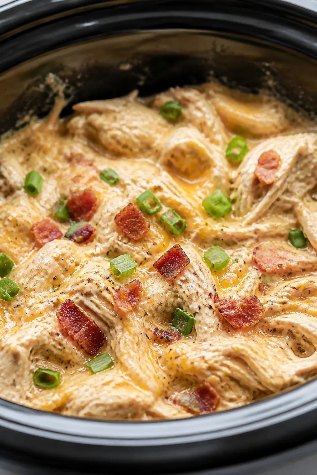 Close-up detail: Shredded slow-cooker crack chicken just after cooking, steaming and glistening in a