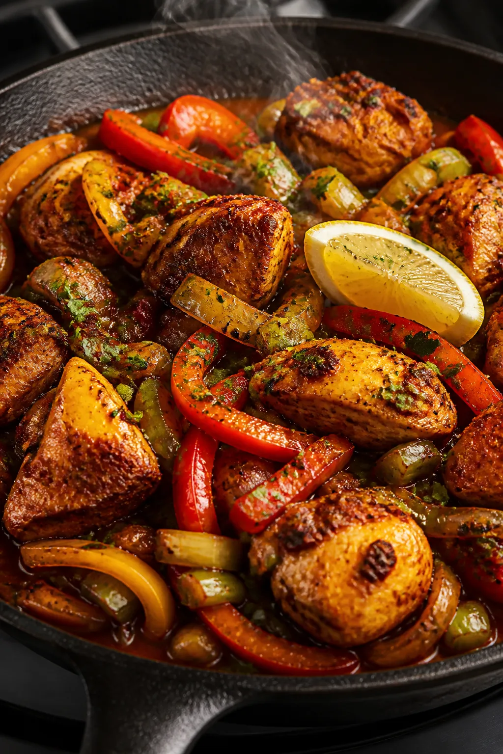 Close-up detail: Sizzling Cajun-spiced chicken cubes finishing in the skillet, coated in a glossy to