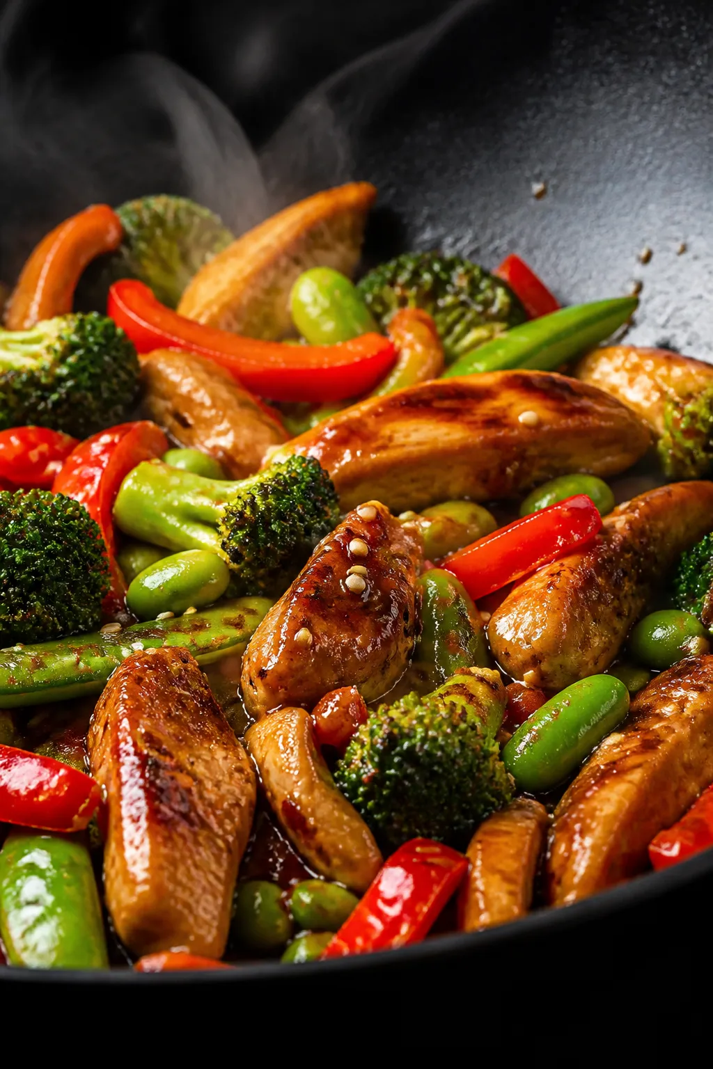 Close-up detail: Sizzling chicken breast strips and vibrant vegetables mid-stir-fry in a carbon-stee