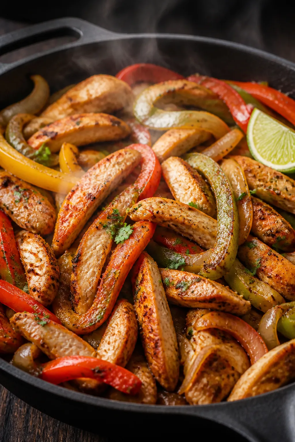 Close-up detail: Sizzling chicken fajitas in a cast-iron skillet mid-cook, showing caramelized edges