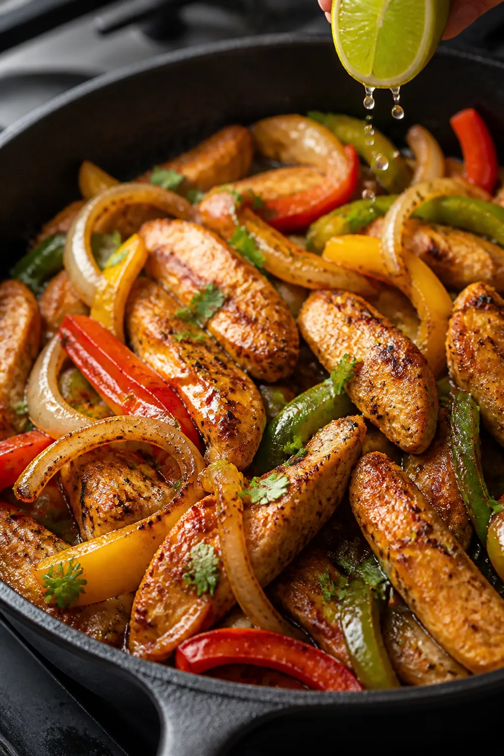 Close-up detail: Sizzling chicken fajitas in a cast-iron skillet mid-cook, showing browned, juicy li