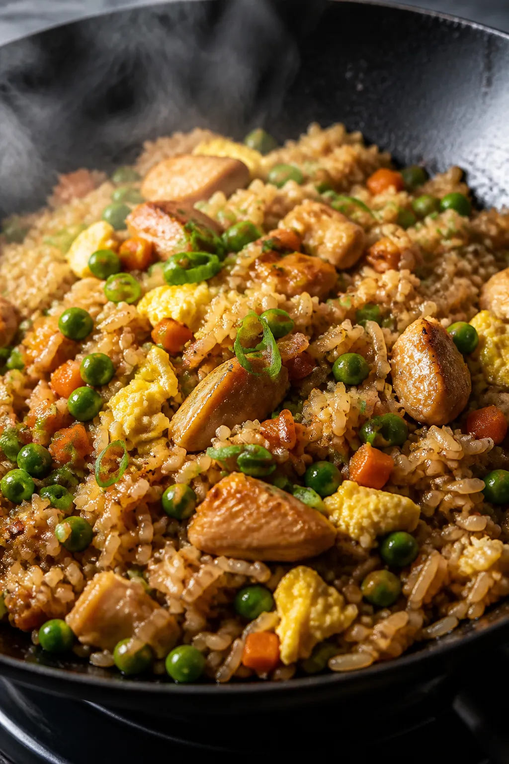 Close-up detail: Sizzling chicken fried rice in a smoking-hot wok, rice grains lightly browned and s