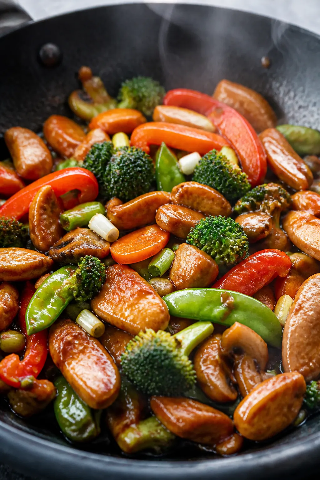 Close-up detail: Sizzling chicken stir-fry mid-cook in a dark carbon-steel wok, showing glossy, just