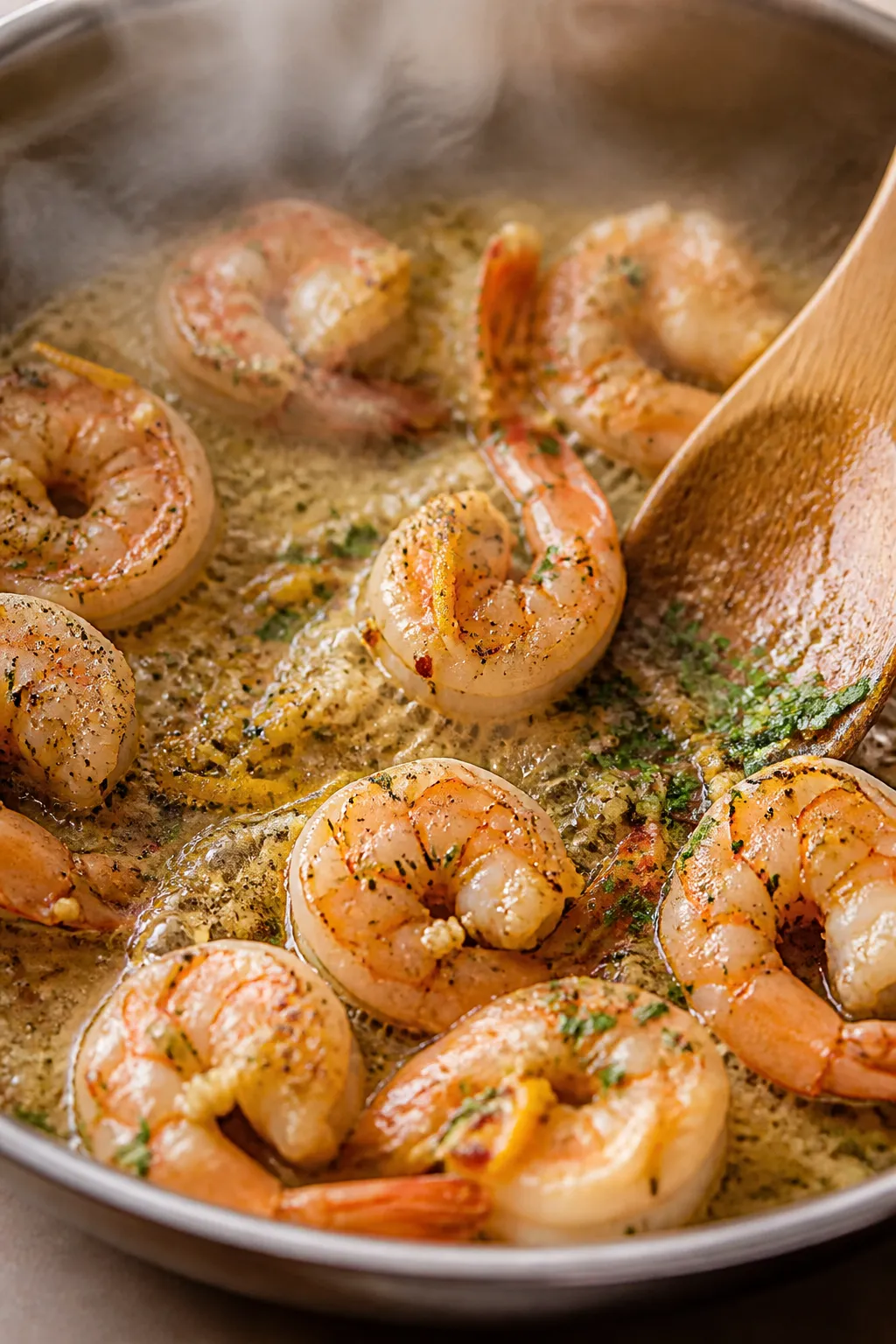 Close-up detail: Sizzling garlic butter shrimp mid-cook in a stainless steel skillet, shrimp just tu