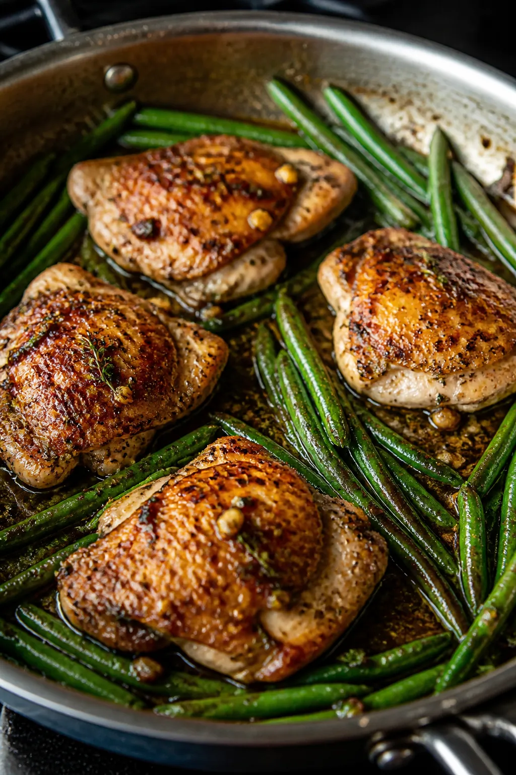 Close-up detail: Sizzling garlic chicken and green beans in a wide skillet mid-cook, showing golden-