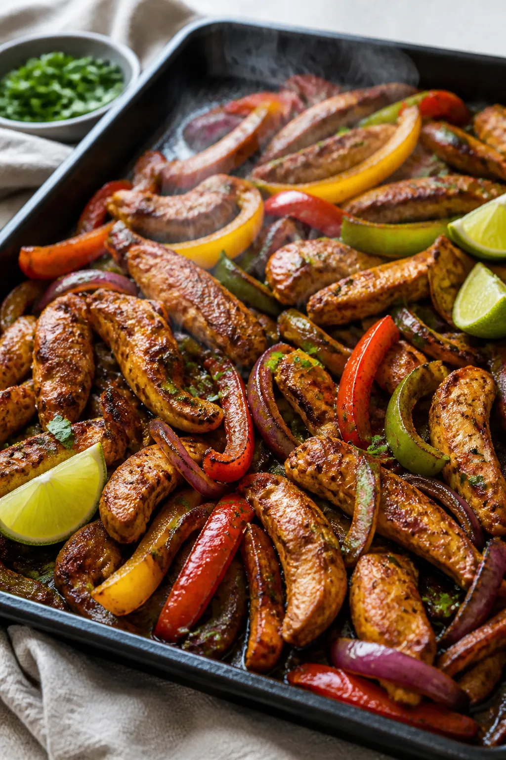 Close-up detail: Sizzling sheet pan chicken fajitas just out of the oven at 425°F—juicy, well-bro