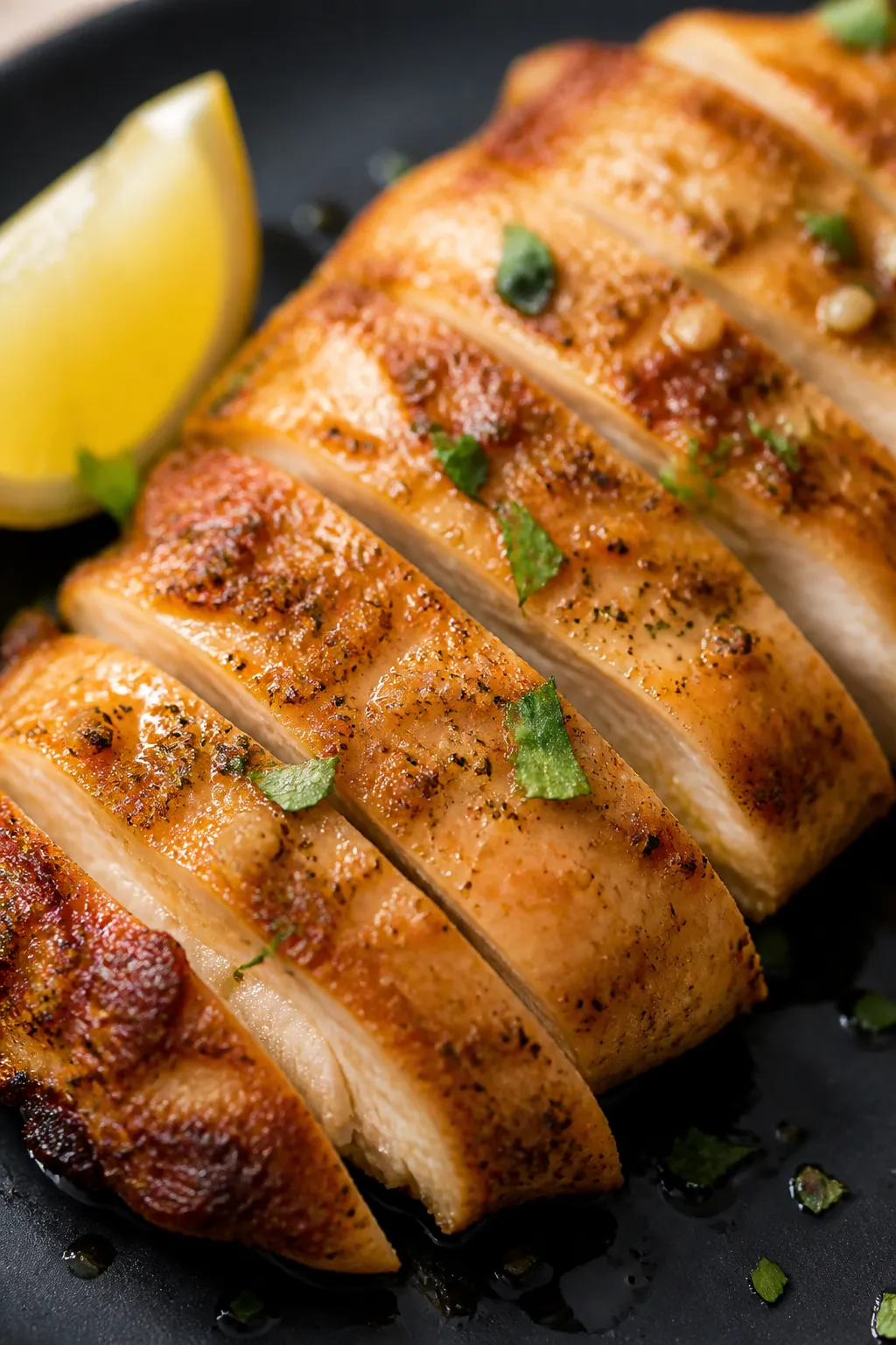 Close-up detail: Sliced air-fried garlic butter chicken cutlet, glistening with melted butter, visib