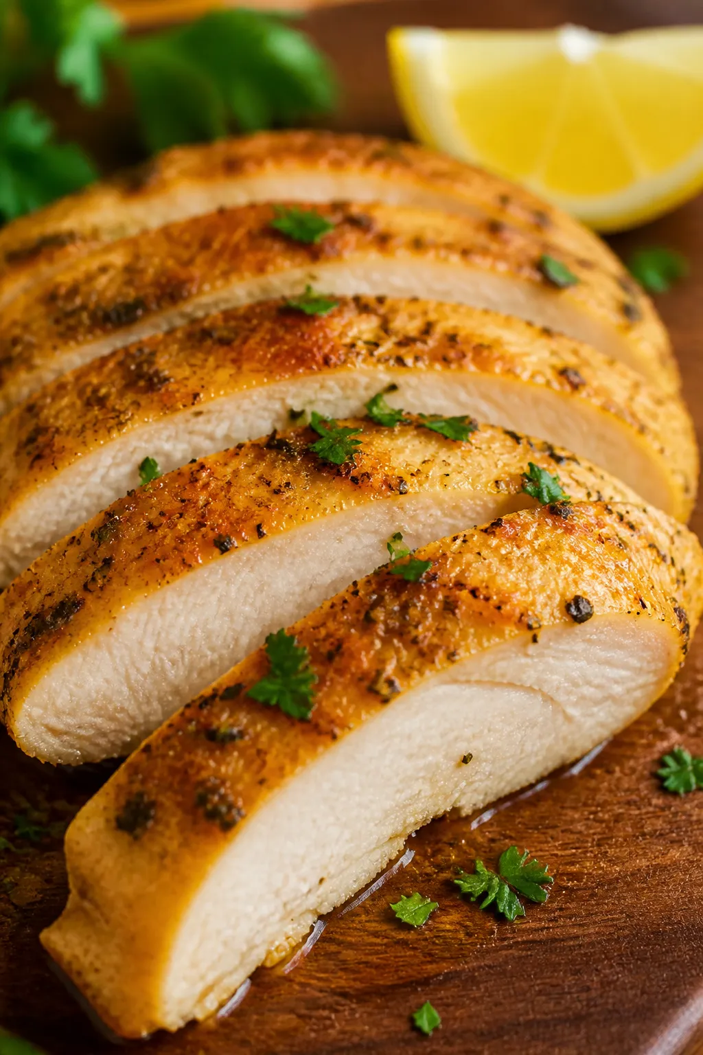 Close-up detail: Sliced air-fried ranch chicken breast resting on a cutting board, showing a juicy i