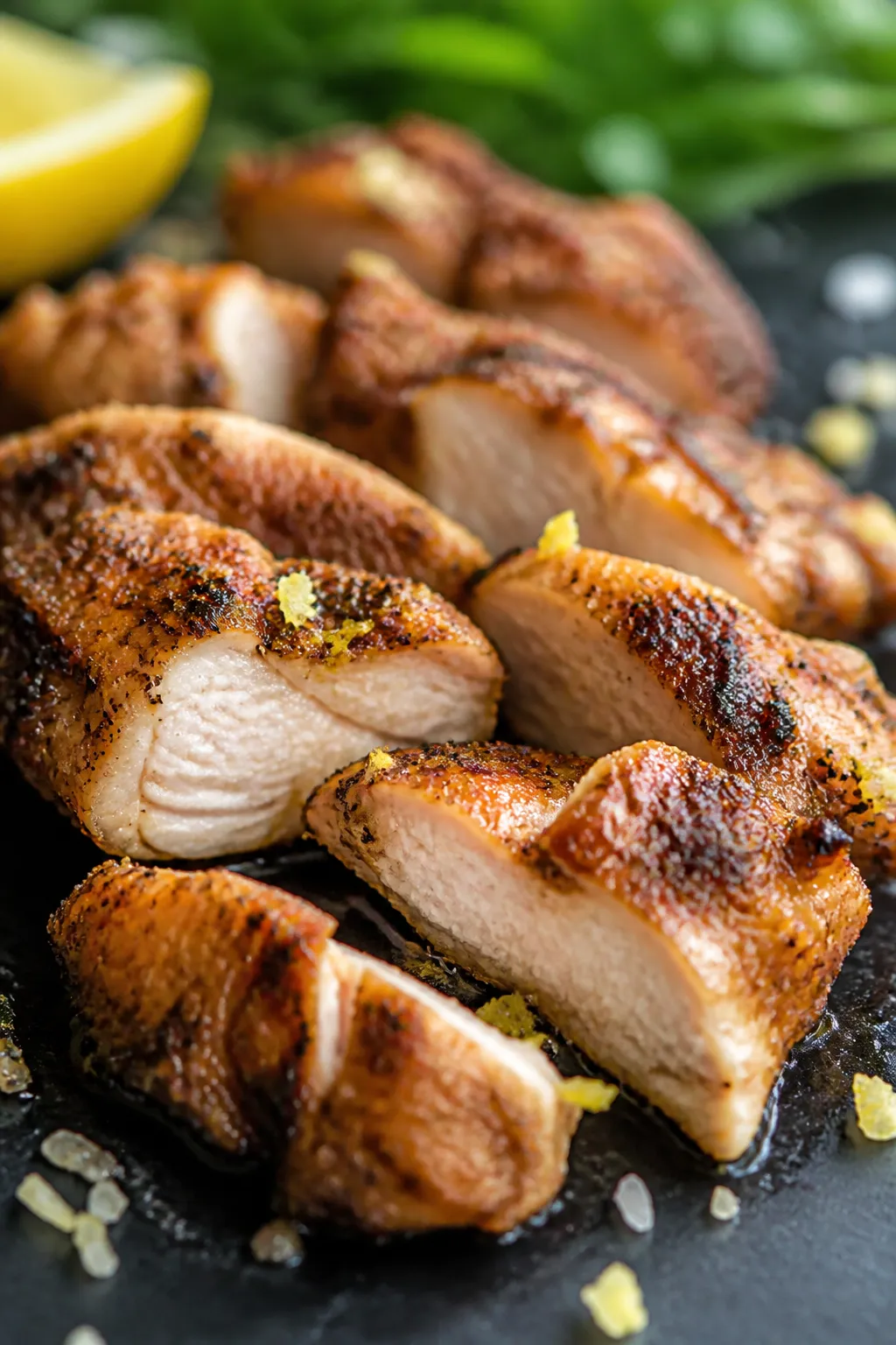 Close-up detail: Sliced air-fryer Greek chicken thighs just rested and cut into bite-size pieces, sh