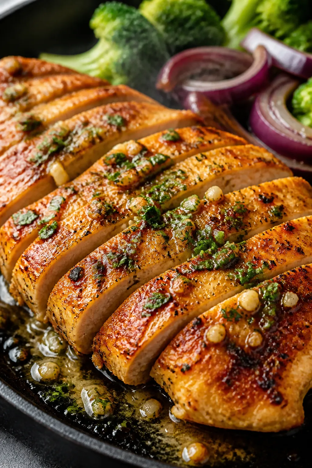 Close-up detail: Sliced garlic butter chicken just off the pan, glistening with melted lemon-garlic