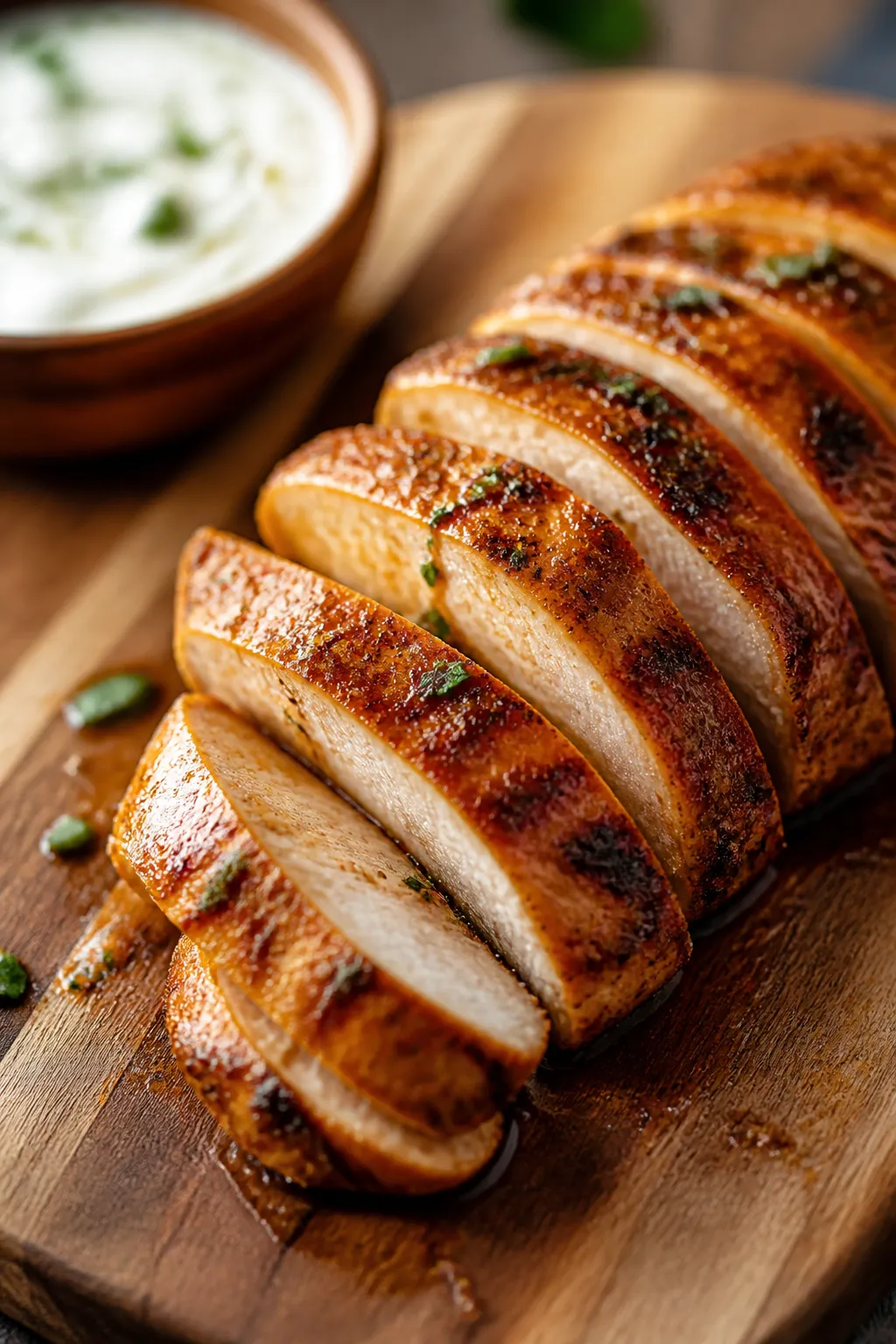 Close-up detail: Sliced, juicy chicken breast just off the skillet, glistening with olive oil and a